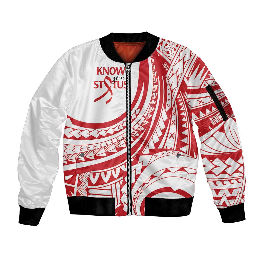 Know Your Status Red Ribbon Personalised Sleeve Zip Bomber Jacket Polynesian AIDS Awareness