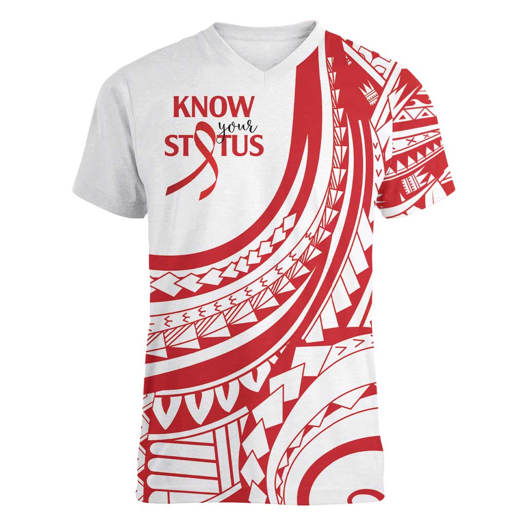 Know Your Status Red Ribbon Personalised Women V-Neck T-Shirt Polynesian AIDS Awareness