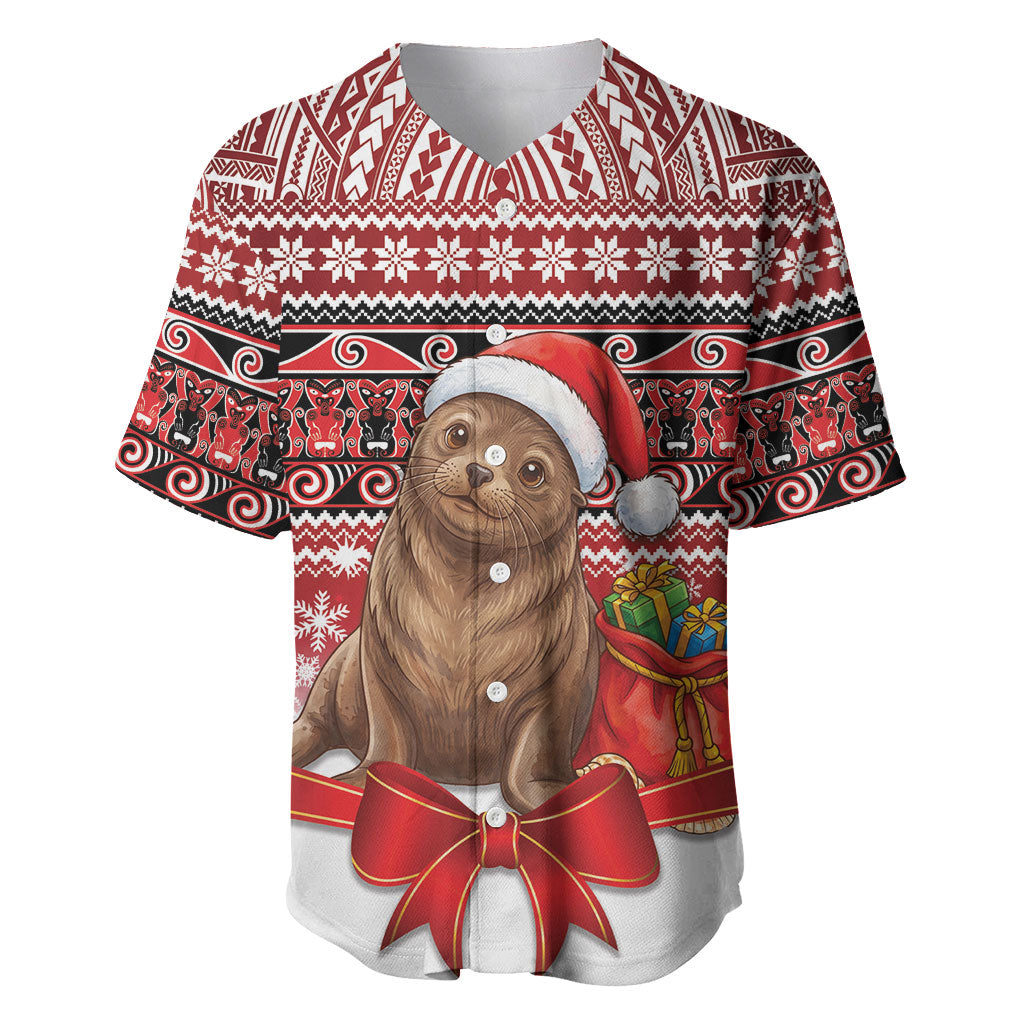 New Zealand Kekeno Seal Christmas Baseball Jersey Maori Inspired Knitted Patterns LT9 Red - Polynesian Pride