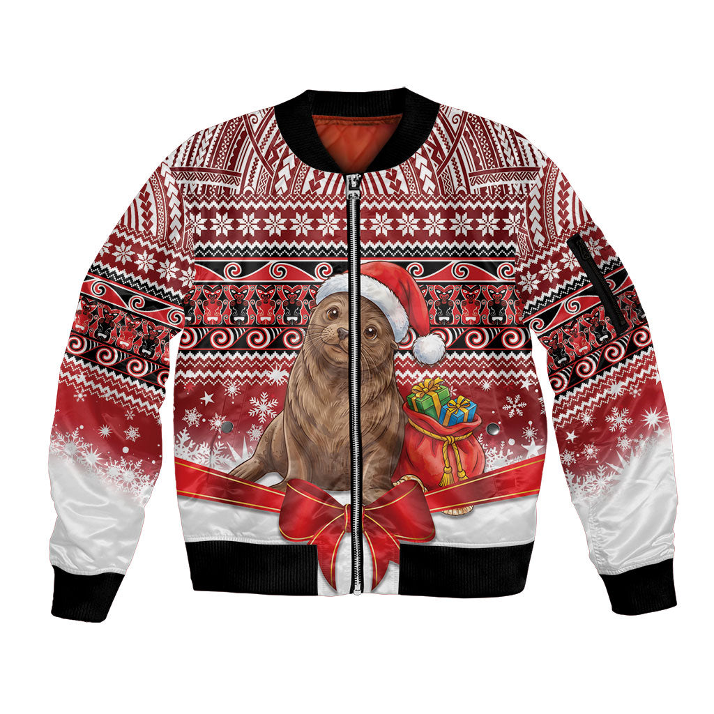New Zealand Kekeno Seal Christmas Sleeve Zip Bomber Jacket Maori Inspired Knitted Patterns