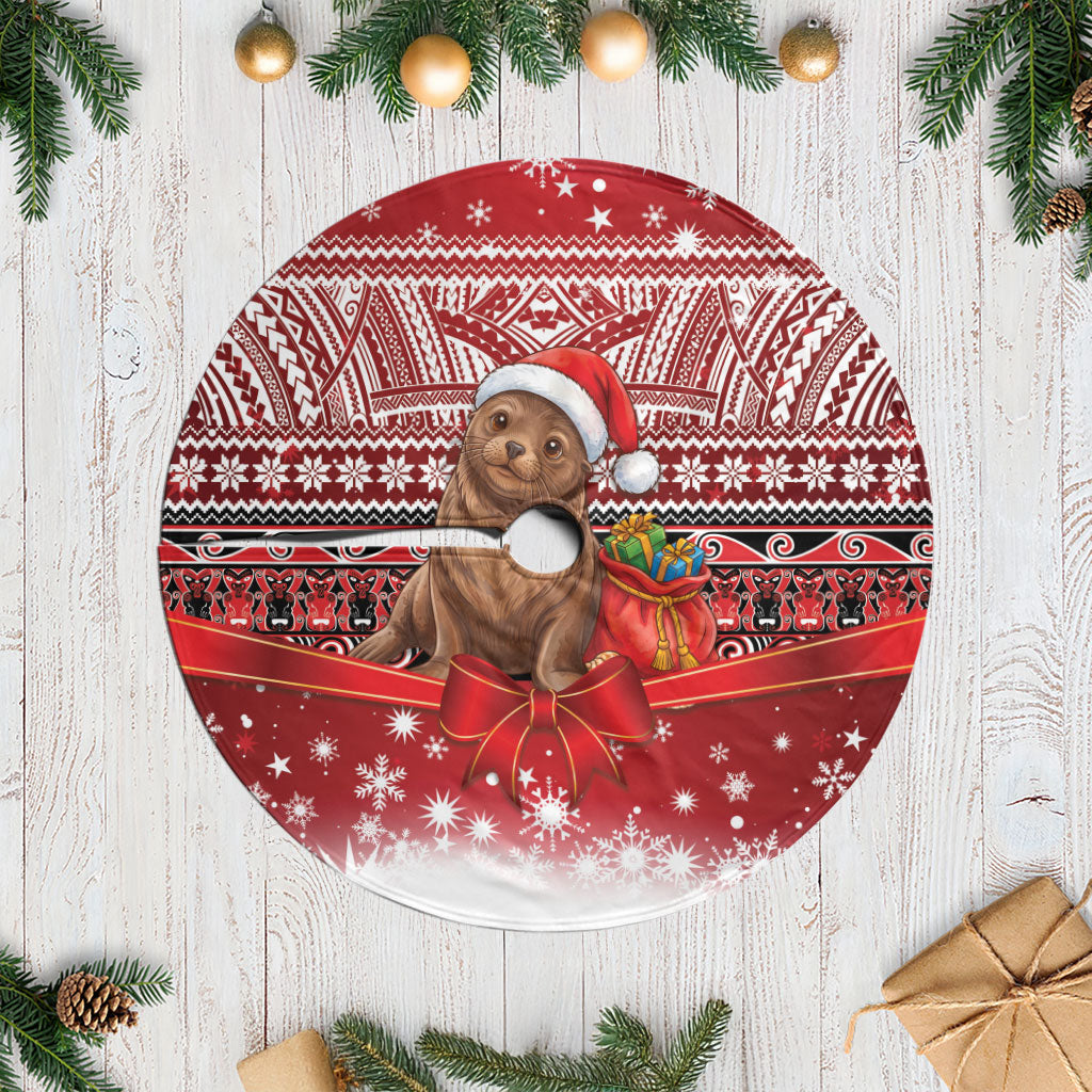 New Zealand Kekeno Seal Christmas Tree Skirt Maori Inspired Knitted Patterns LT9 Casual Red - Polynesian Pride