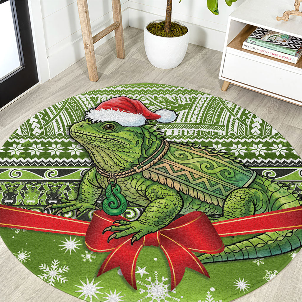 New Zealand Tuatara Christmas Round Carpet Maori Inspired Knitted Patterns LT9 Green - Polynesian Pride