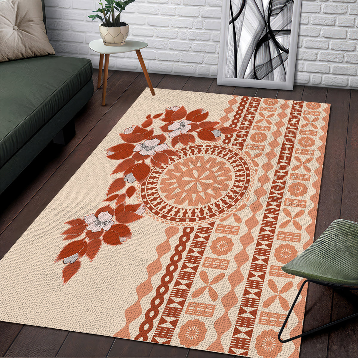 Fiji Tagimoucia Flower With Tapa Tribal Area Rug Beige Color LT9 Beige - Polynesian Pride