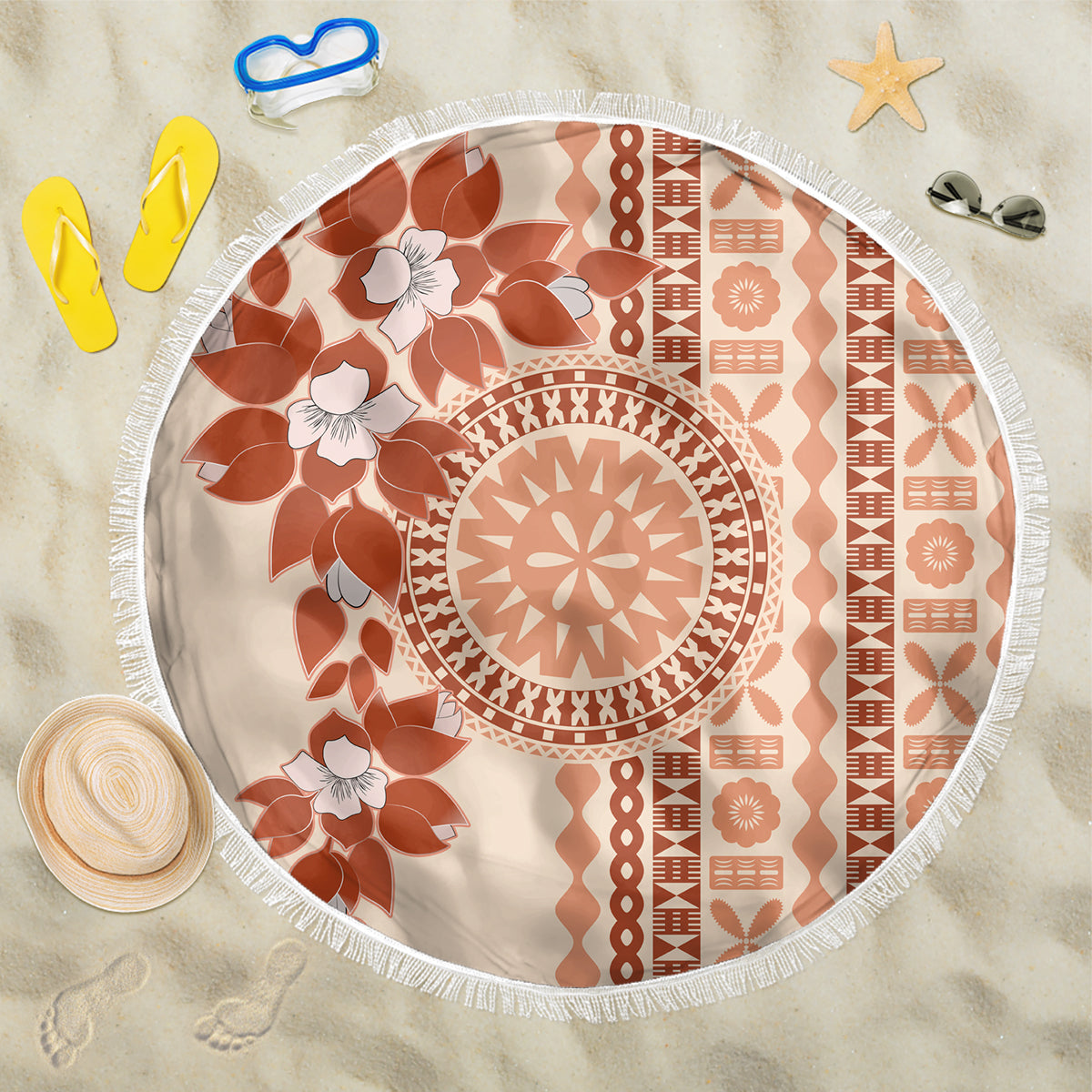 Fiji Tagimoucia Flower With Tapa Tribal Beach Blanket Beige Color LT9 One Size 150cm Beige - Polynesian Pride