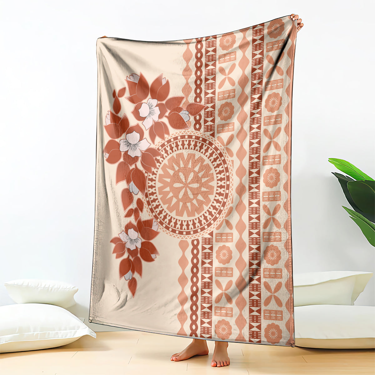 Fiji Tagimoucia Flower With Tapa Tribal Blanket Beige Color LT9 Beige - Polynesian Pride