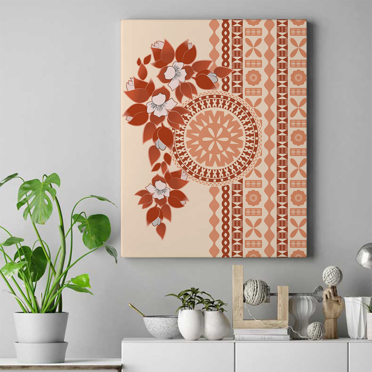 Fiji Tagimoucia Flower With Tapa Tribal Canvas Wall Art Beige Color LT9 Beige - Polynesian Pride