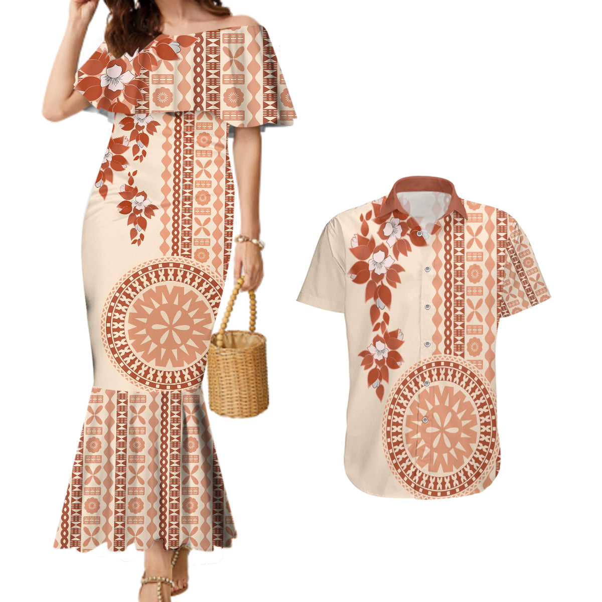 Fiji Tagimoucia Flower With Tapa Tribal Couples Matching Mermaid Dress and Hawaiian Shirt Beige Color LT9 Beige - Polynesian Pride