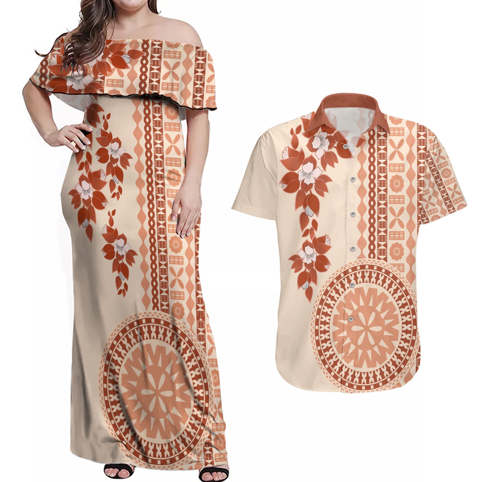 Fiji Tagimoucia Flower With Tapa Tribal Couples Matching Off Shoulder Maxi Dress and Hawaiian Shirt Beige Color LT9 Beige - Polynesian Pride