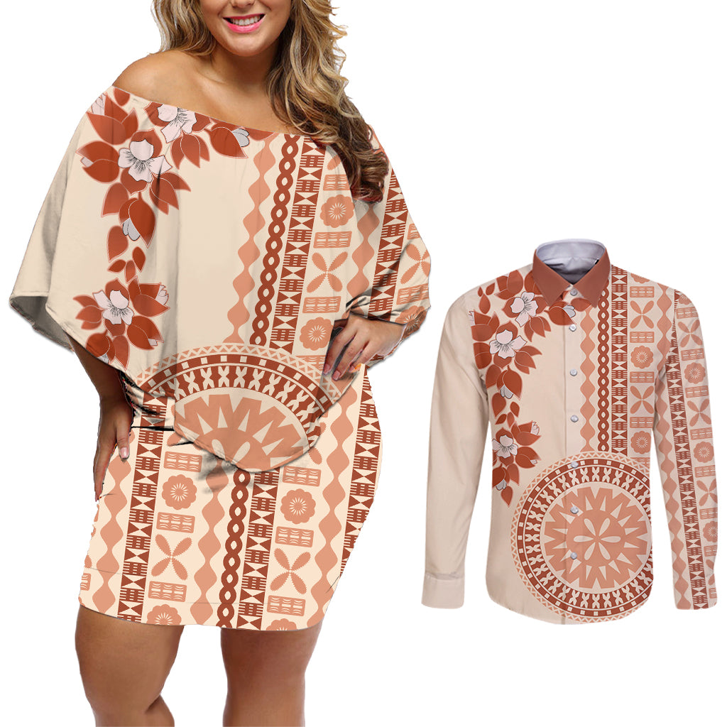 Fiji Tagimoucia Flower With Tapa Tribal Couples Matching Off Shoulder Short Dress and Long Sleeve Button Shirt Beige Color LT9 Beige - Polynesian Pride