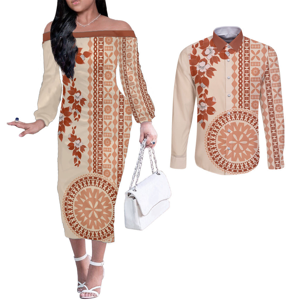Fiji Tagimoucia Flower With Tapa Tribal Couples Matching Off The Shoulder Long Sleeve Dress and Long Sleeve Button Shirt Beige Color LT9 Beige - Polynesian Pride