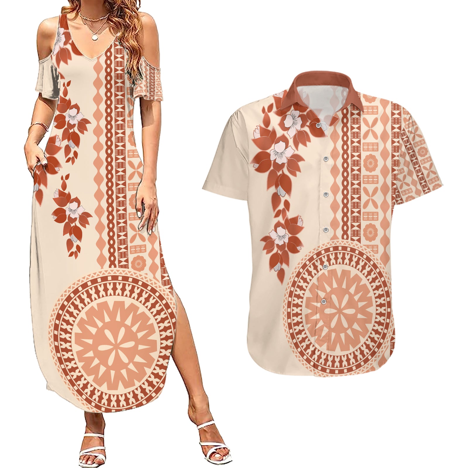 Fiji Tagimoucia Flower With Tapa Tribal Couples Matching Summer Maxi Dress and Hawaiian Shirt Beige Color LT9 Beige - Polynesian Pride