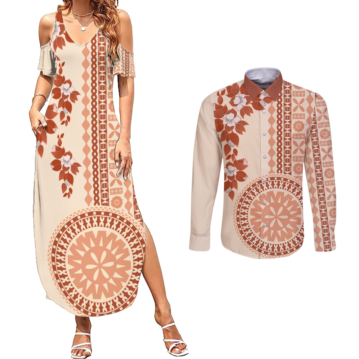 Fiji Tagimoucia Flower With Tapa Tribal Couples Matching Summer Maxi Dress and Long Sleeve Button Shirt Beige Color LT9 Beige - Polynesian Pride