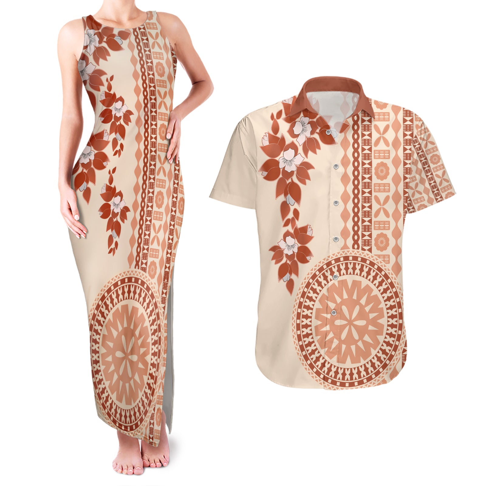 Fiji Tagimoucia Flower With Tapa Tribal Couples Matching Tank Maxi Dress and Hawaiian Shirt Beige Color LT9 Beige - Polynesian Pride