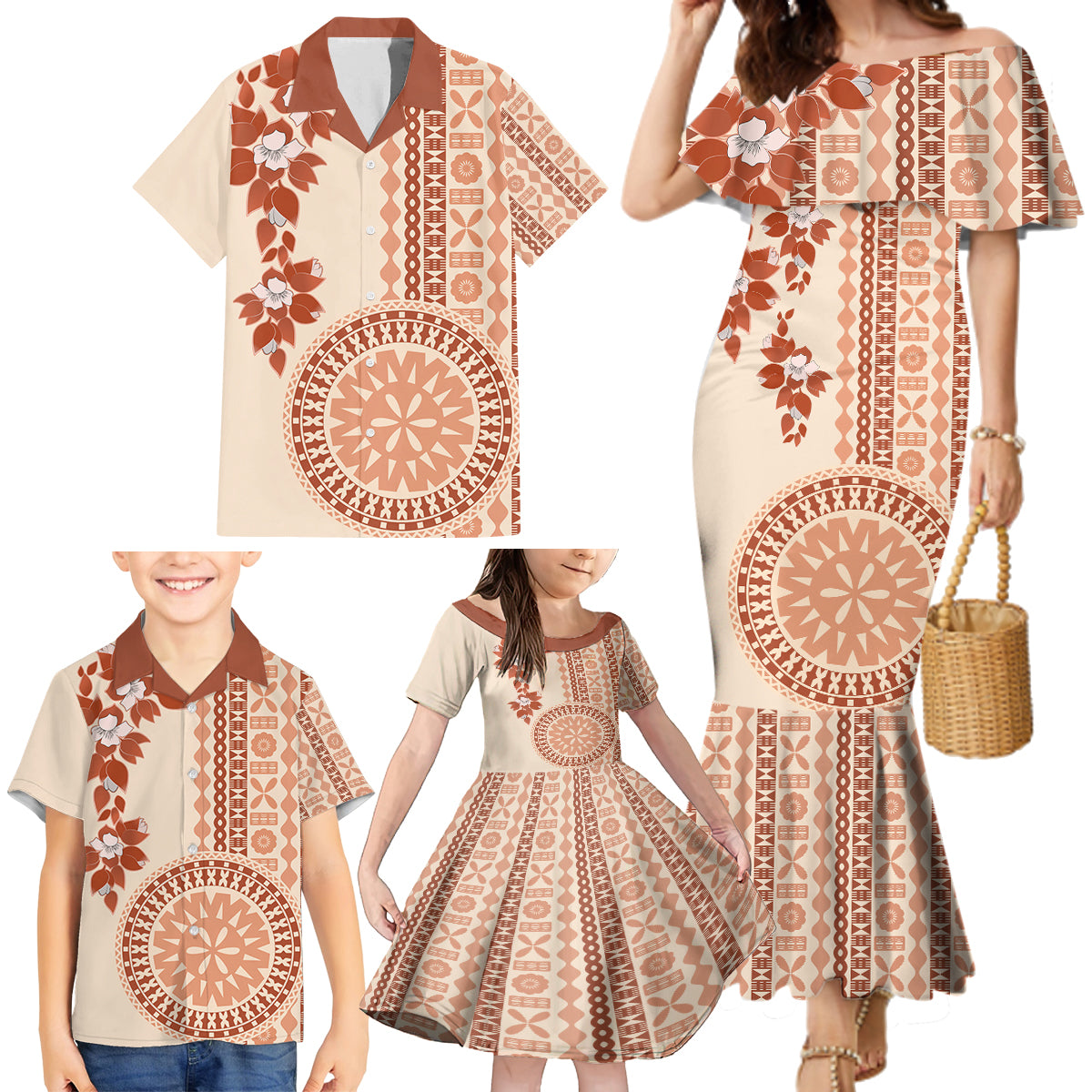 Fiji Tagimoucia Flower With Tapa Tribal Family Matching Mermaid Dress and Hawaiian Shirt Beige Color LT9 - Polynesian Pride