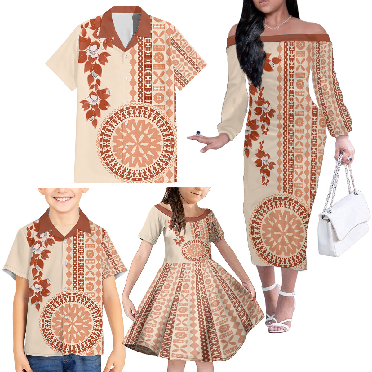 Fiji Tagimoucia Flower With Tapa Tribal Family Matching Off Shoulder Long Sleeve Dress and Hawaiian Shirt Beige Color LT9 - Polynesian Pride