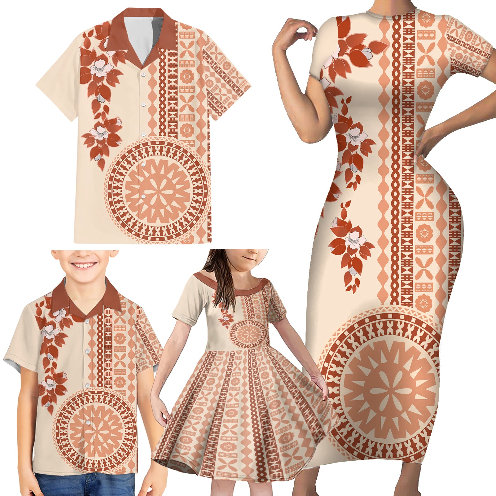 Fiji Tagimoucia Flower With Tapa Tribal Family Matching Short Sleeve Bodycon Dress and Hawaiian Shirt Beige Color LT9 - Polynesian Pride