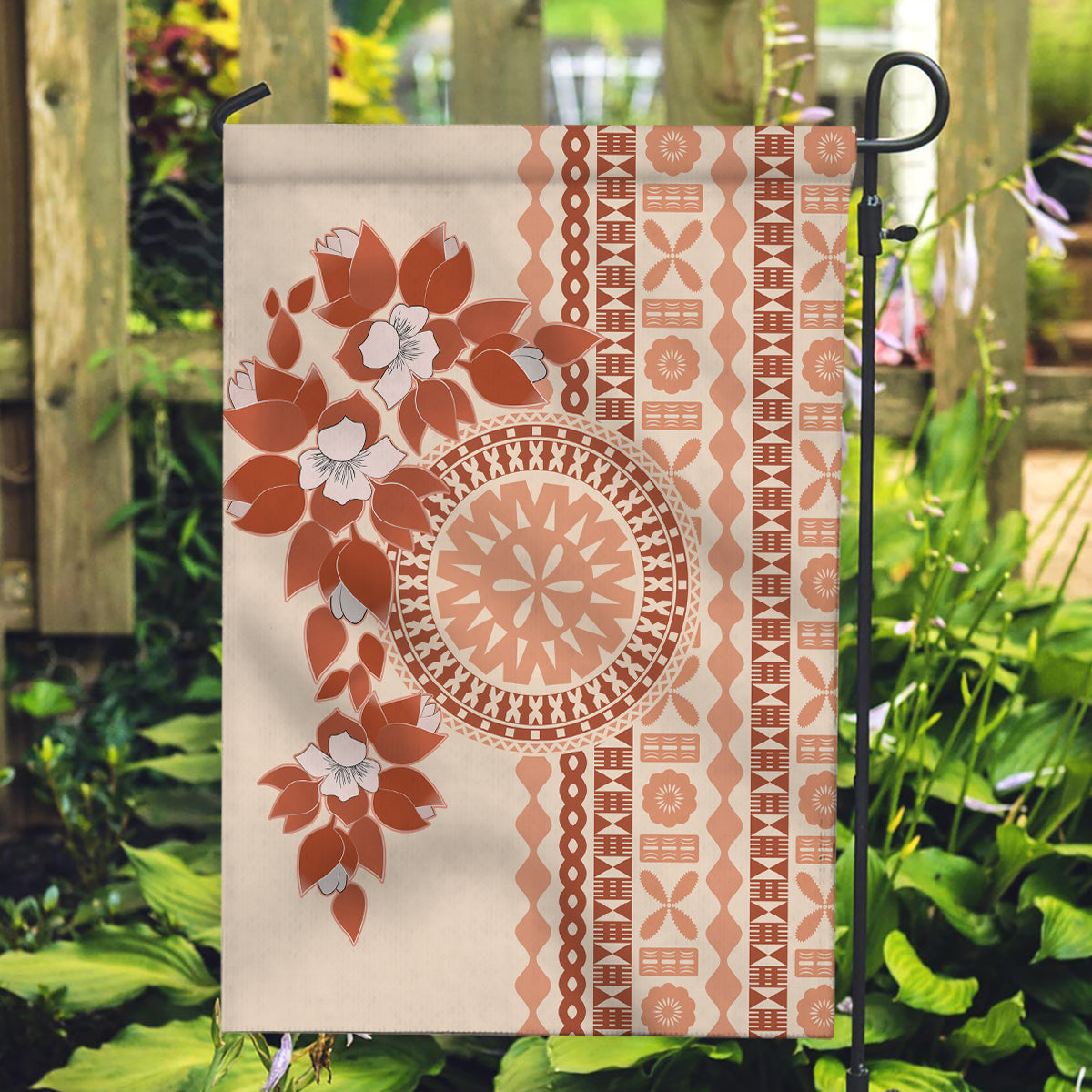 Fiji Tagimoucia Flower With Tapa Tribal Garden Flag Beige Color LT9 Garden Flag Beige - Polynesian Pride