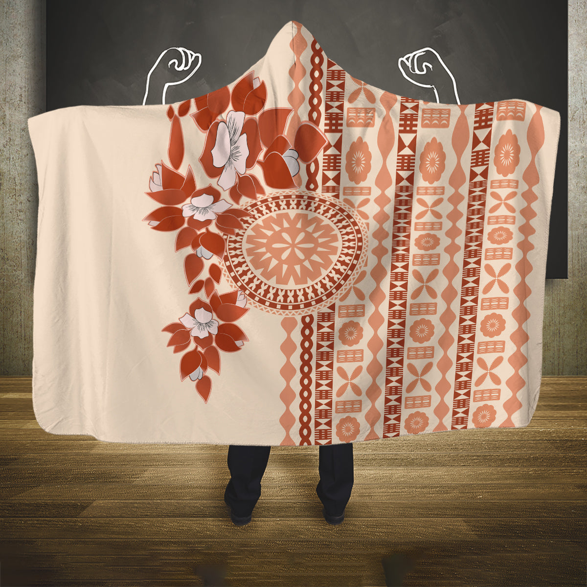 Fiji Tagimoucia Flower With Tapa Tribal Hooded Blanket Beige Color LT9 One Size Beige - Polynesian Pride