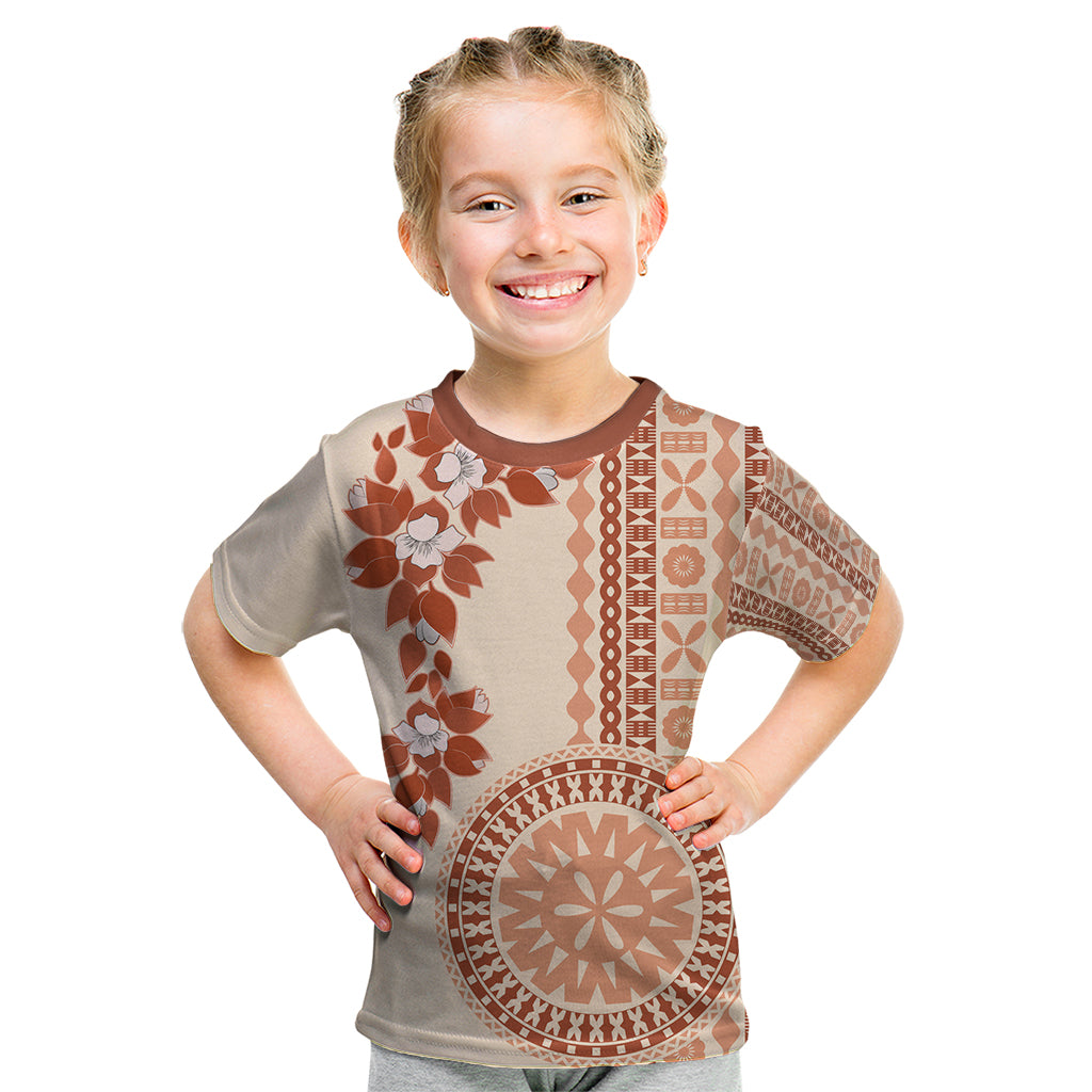 Fiji Tagimoucia Flower With Tapa Tribal Kid T Shirt Beige Color LT9 Beige - Polynesian Pride