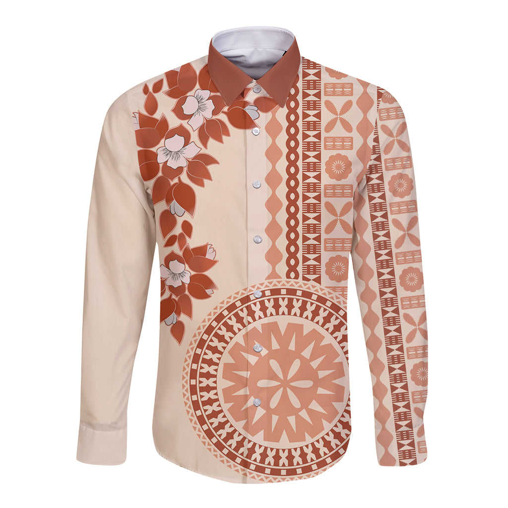 Fiji Tagimoucia Flower With Tapa Tribal Long Sleeve Button Shirt Beige Color LT9 Unisex Beige - Polynesian Pride