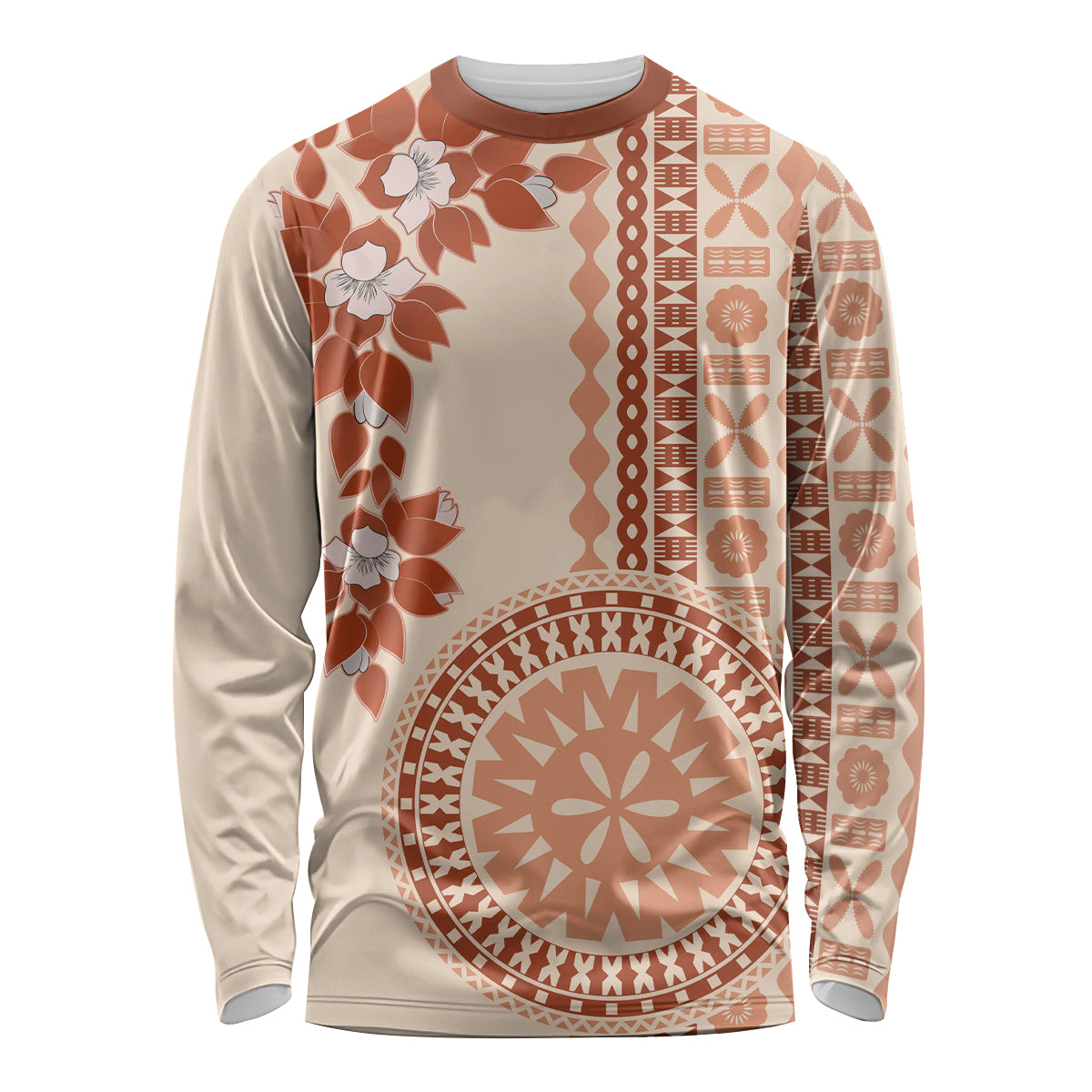 Fiji Tagimoucia Flower With Tapa Tribal Long Sleeve Shirt Beige Color LT9 Unisex Beige - Polynesian Pride