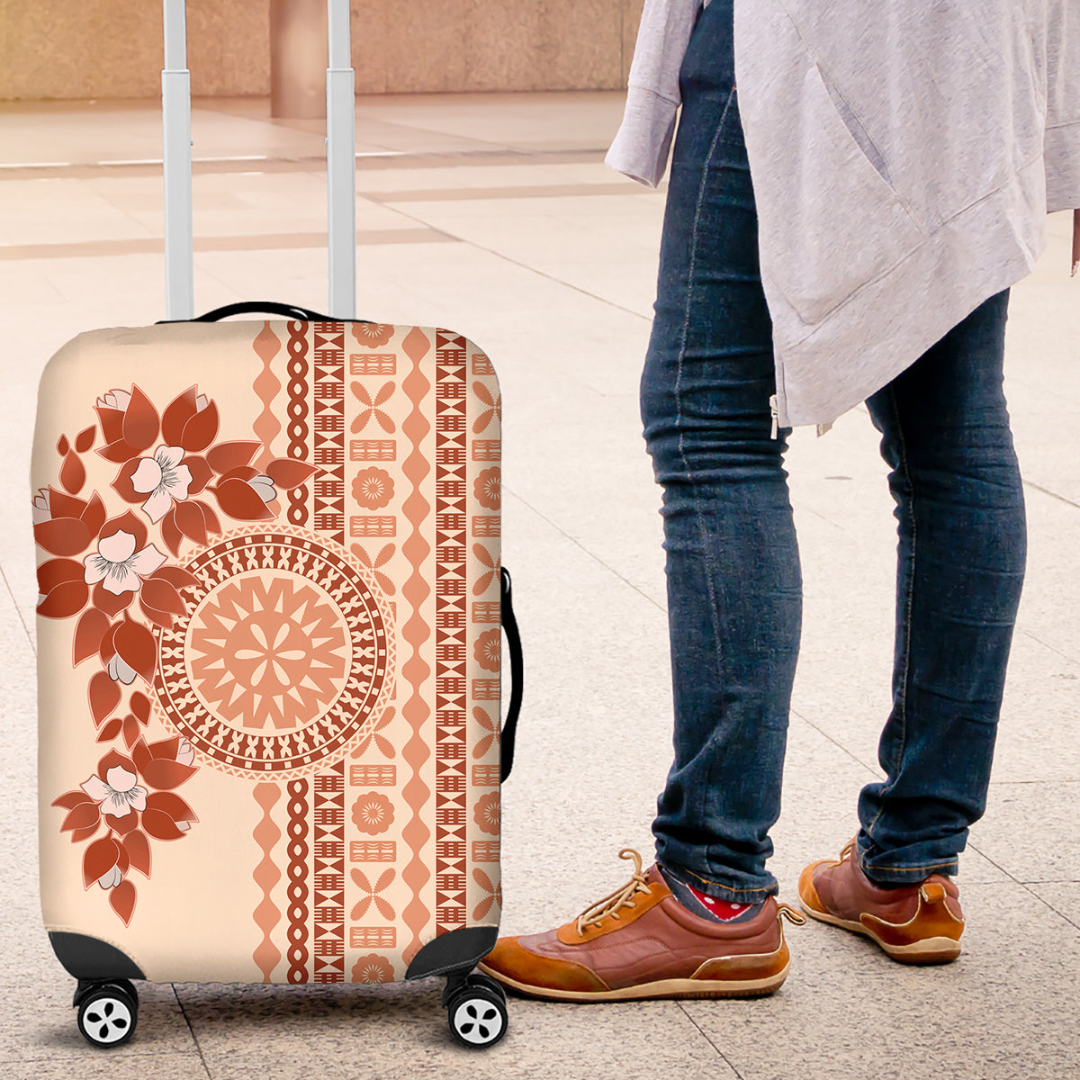 Fiji Tagimoucia Flower With Tapa Tribal Luggage Cover Beige Color LT9 Beige - Polynesian Pride