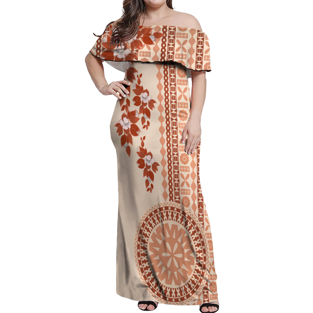 Fiji Tagimoucia Flower With Tapa Tribal Off Shoulder Maxi Dress Beige Color LT9 Women Beige - Polynesian Pride