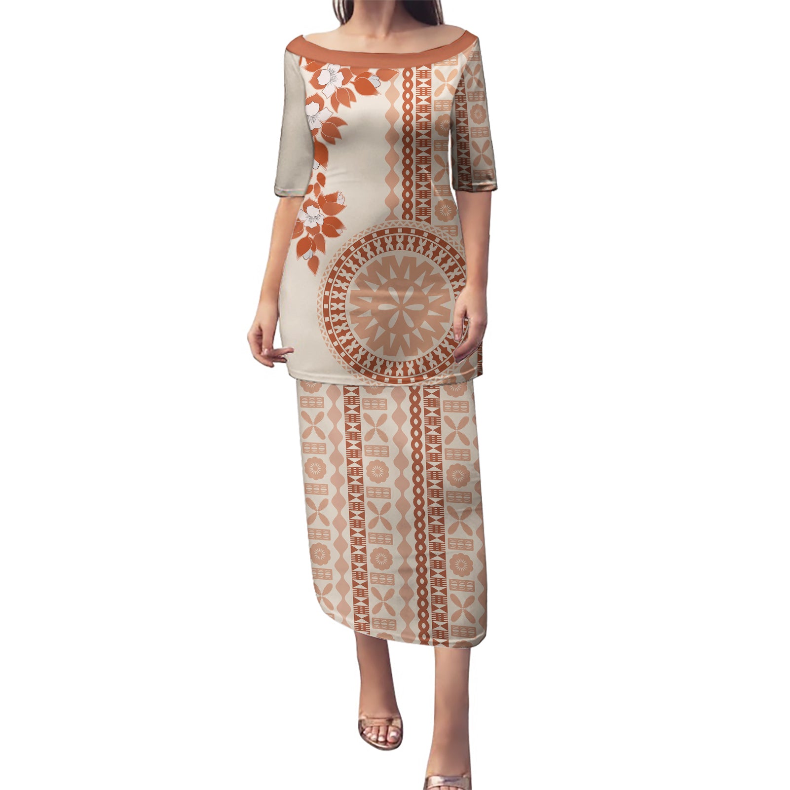 Fiji Tagimoucia Flower With Tapa Tribal Puletasi Beige Color LT9 Long Dress Beige - Polynesian Pride