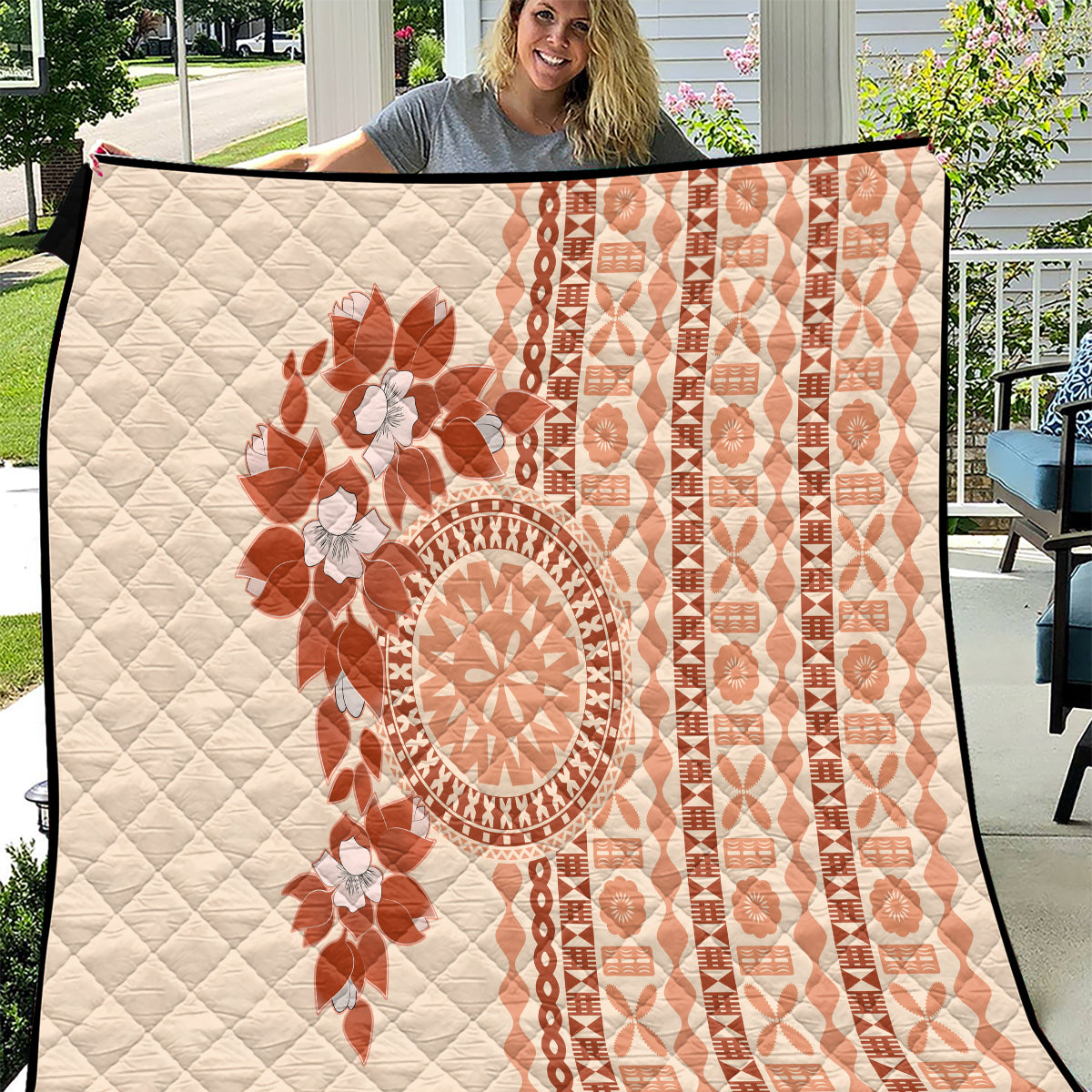 Fiji Tagimoucia Flower With Tapa Tribal Quilt Beige Color LT9 Beige - Polynesian Pride