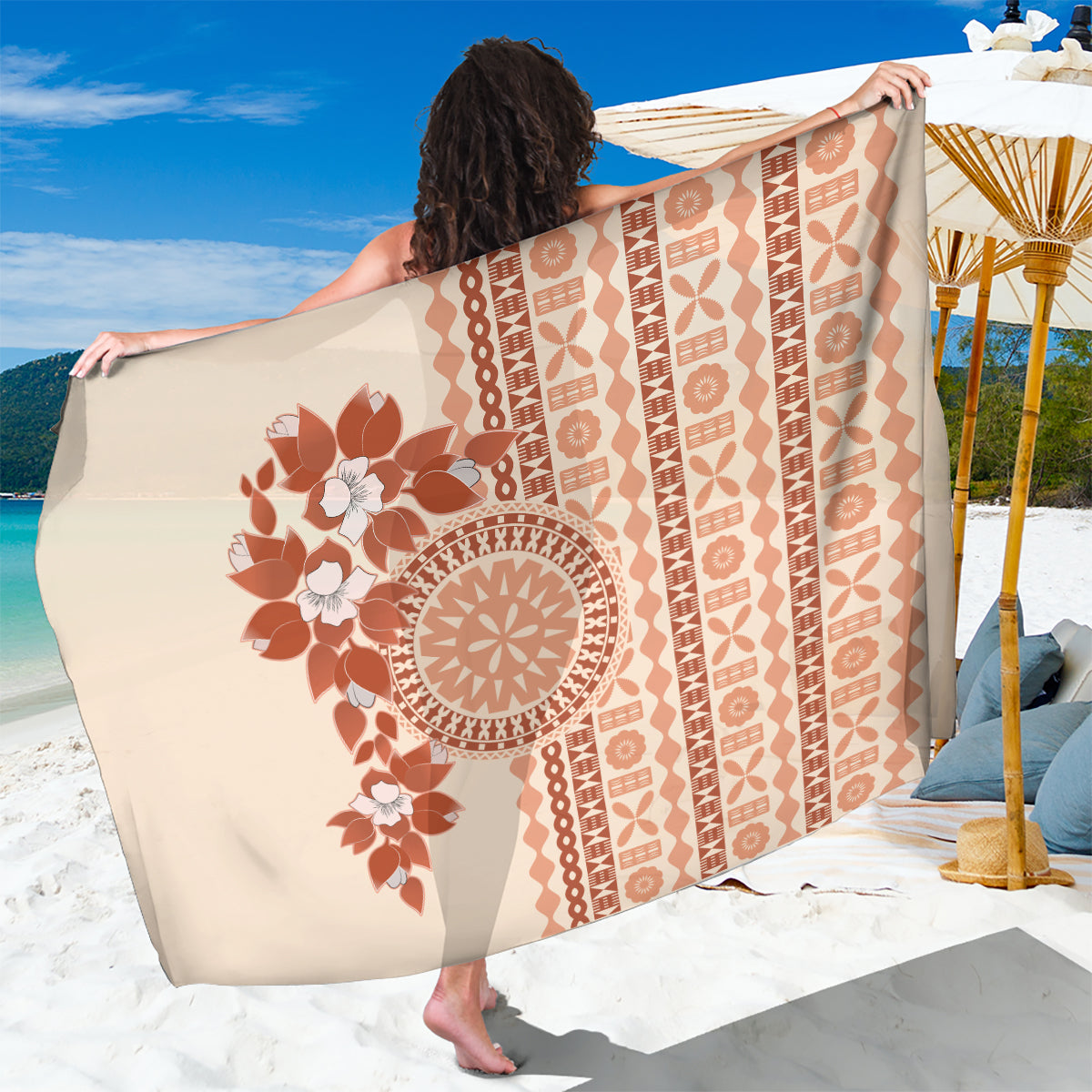 Fiji Tagimoucia Flower With Tapa Tribal Sarong Beige Color LT9 One Size 44 x 66 inches Beige - Polynesian Pride