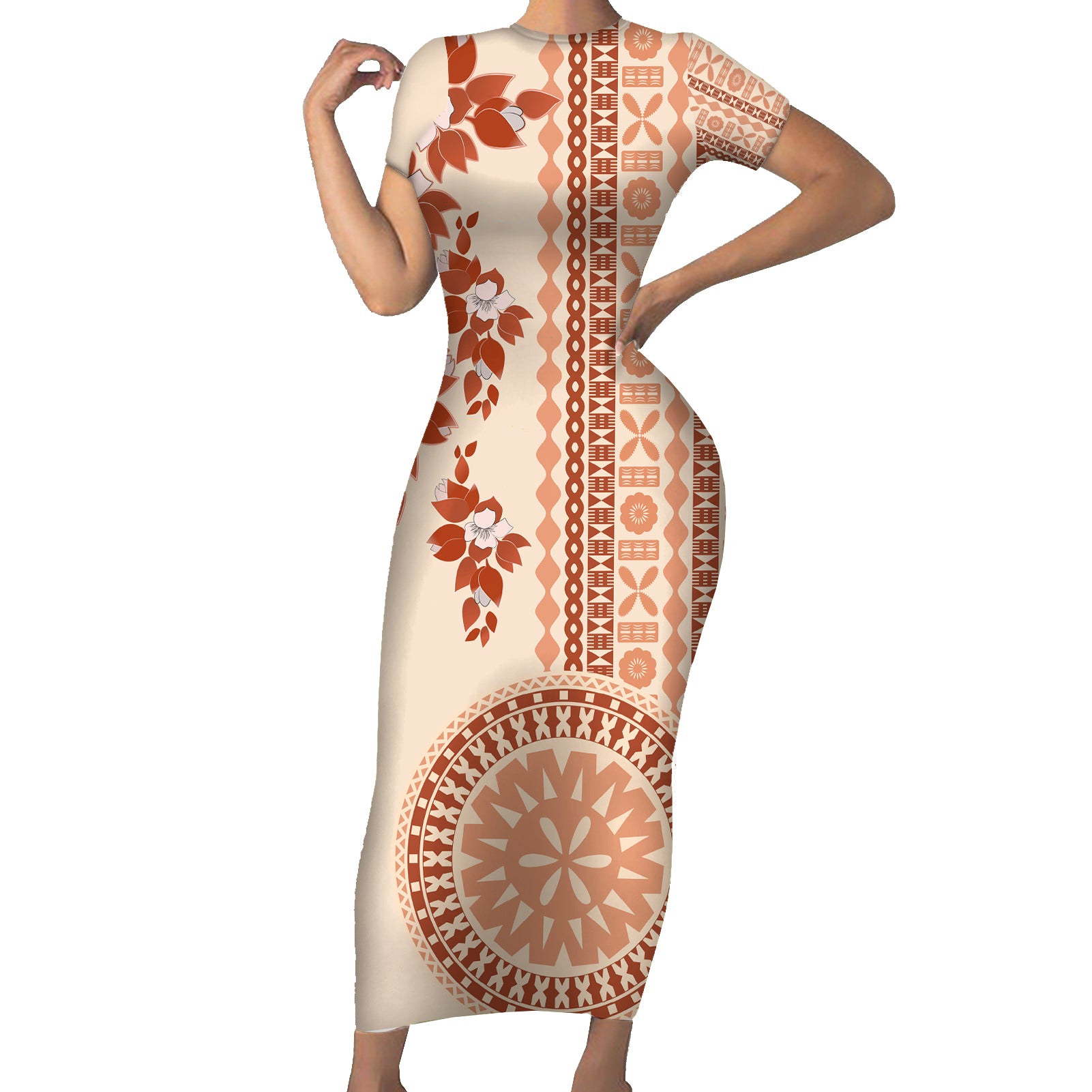 Fiji Tagimoucia Flower With Tapa Tribal Short Sleeve Bodycon Dress Beige Color LT9 Long Dress Beige - Polynesian Pride