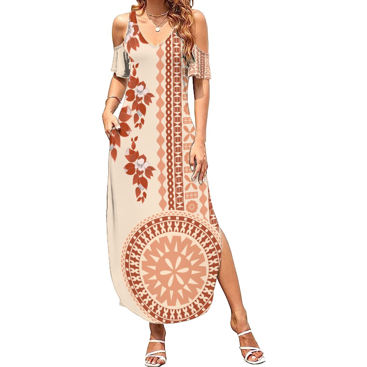 Fiji Tagimoucia Flower With Tapa Tribal Summer Maxi Dress Beige Color LT9 Women Beige - Polynesian Pride