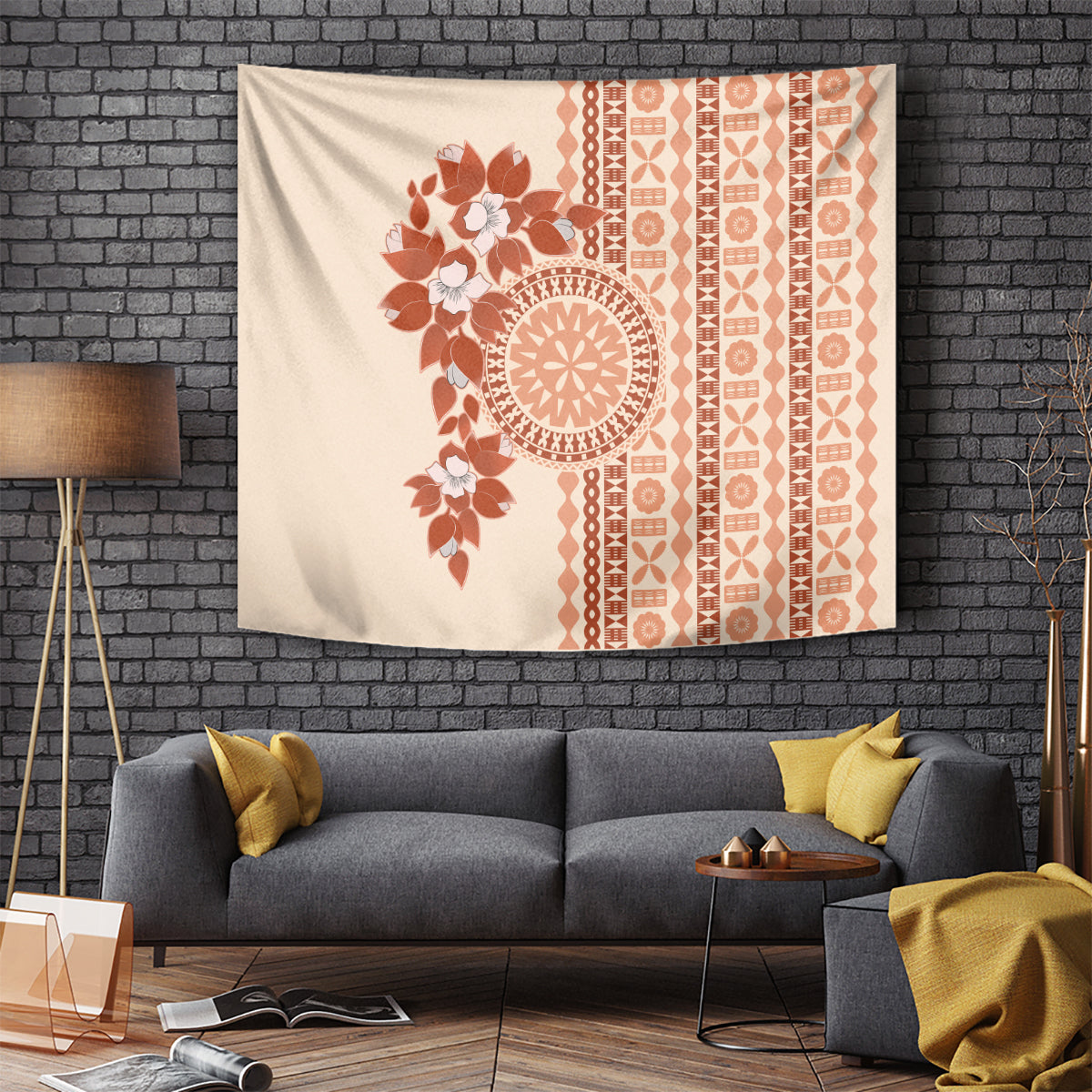 Fiji Tagimoucia Flower With Tapa Tribal Tapestry Beige Color LT9 Beige - Polynesian Pride