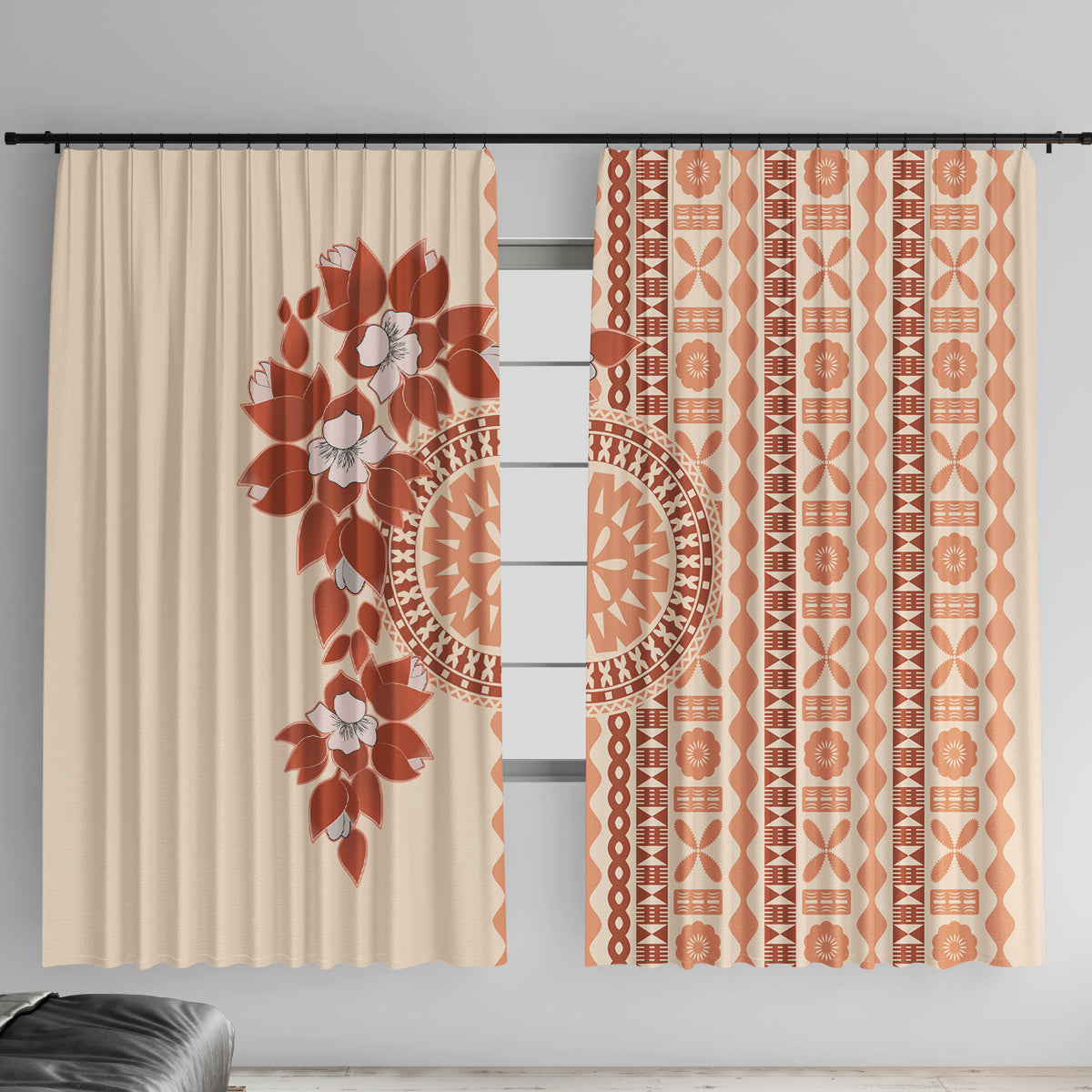 Fiji Tagimoucia Flower With Tapa Tribal Window Curtain Beige Color LT9 With Hooks Beige - Polynesian Pride