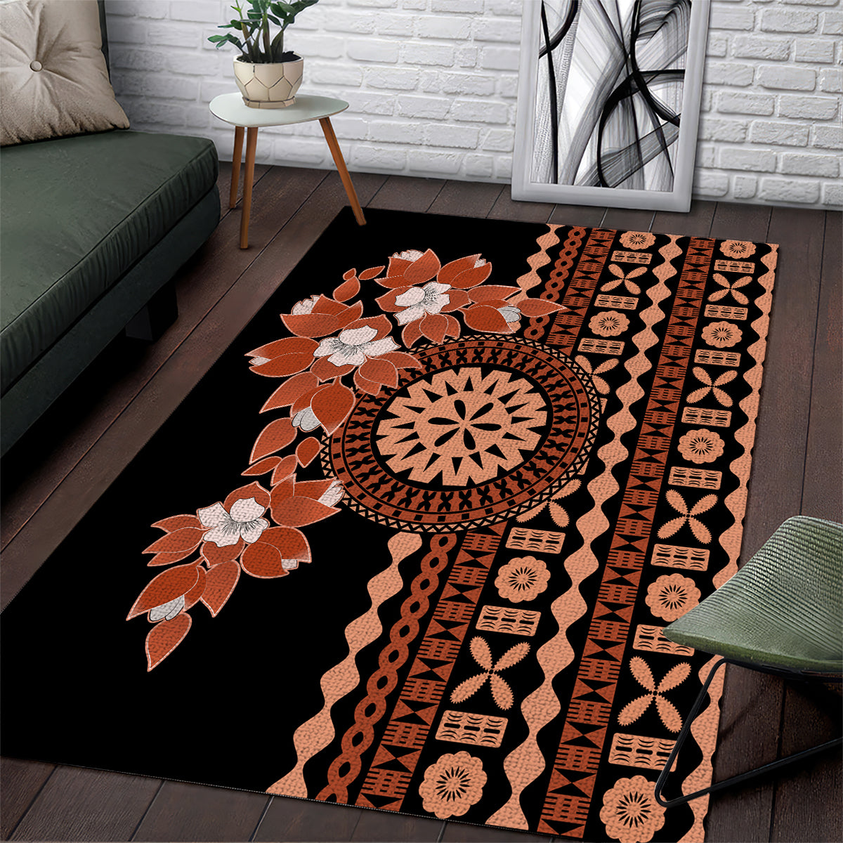 Fiji Tagimoucia Flower With Tapa Tribal Area Rug Brown Color LT9 Brown - Polynesian Pride