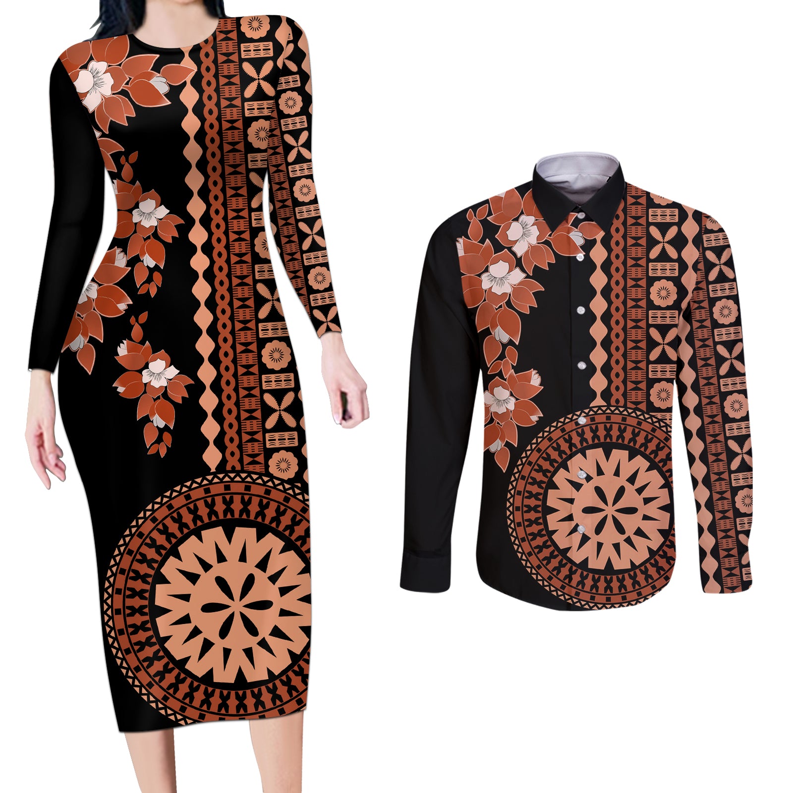 Fiji Tagimoucia Flower With Tapa Tribal Couples Matching Long Sleeve Bodycon Dress and Long Sleeve Button Shirt Brown Color LT9 Brown - Polynesian Pride