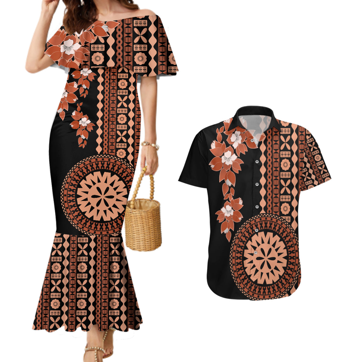 Fiji Tagimoucia Flower With Tapa Tribal Couples Matching Mermaid Dress and Hawaiian Shirt Brown Color LT9 Brown - Polynesian Pride