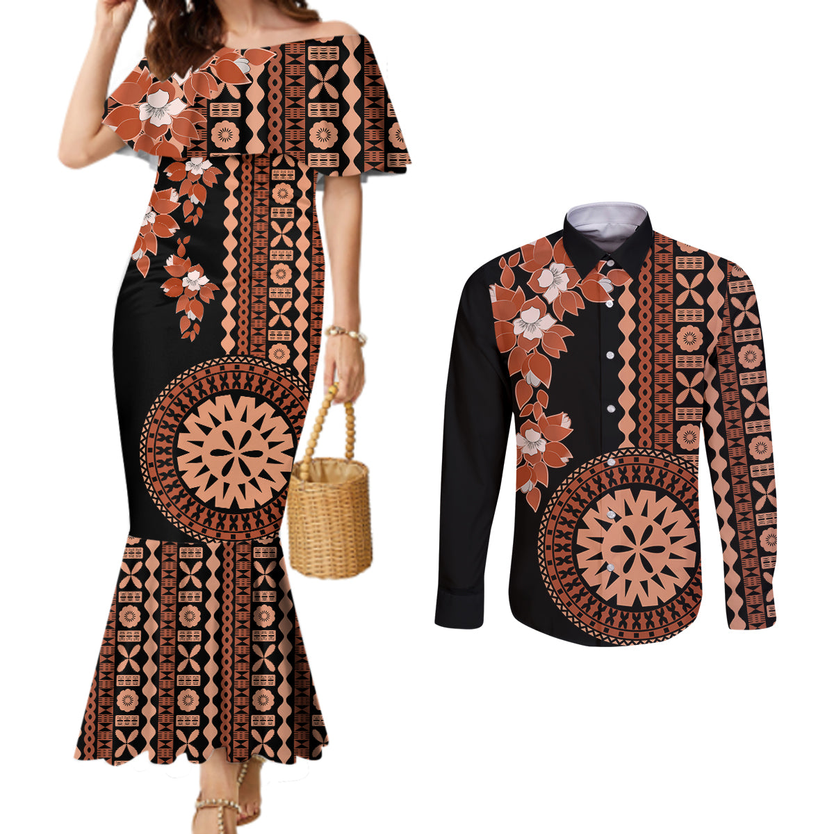 Fiji Tagimoucia Flower With Tapa Tribal Couples Matching Mermaid Dress and Long Sleeve Button Shirt Brown Color LT9 Brown - Polynesian Pride