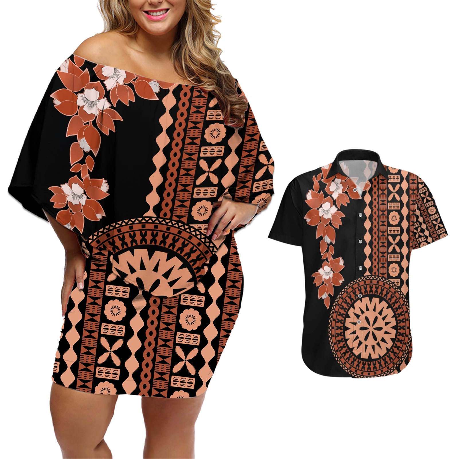 Fiji Tagimoucia Flower With Tapa Tribal Couples Matching Off Shoulder Short Dress and Hawaiian Shirt Brown Color LT9 Brown - Polynesian Pride