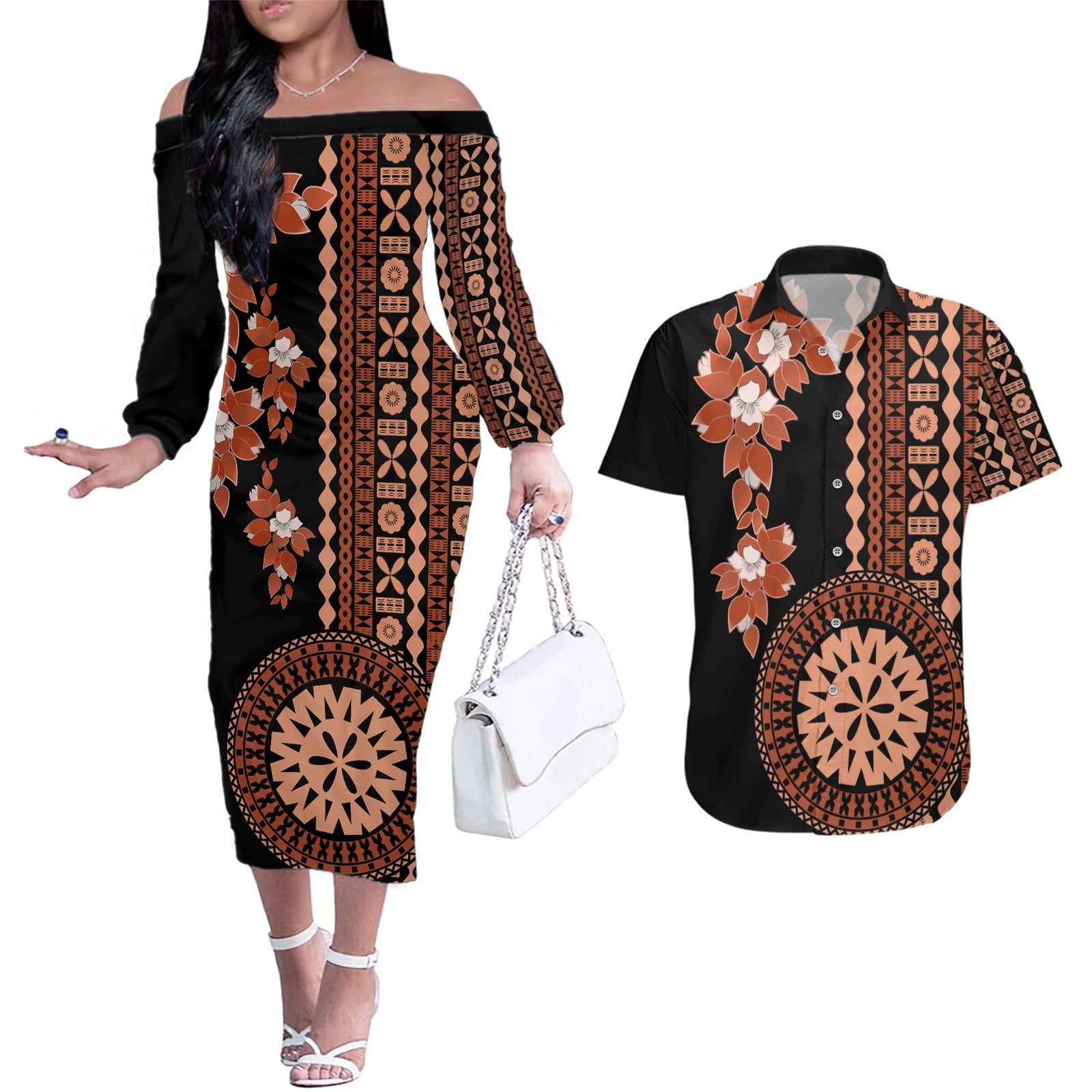 Fiji Tagimoucia Flower With Tapa Tribal Couples Matching Off The Shoulder Long Sleeve Dress and Hawaiian Shirt Brown Color LT9 Brown - Polynesian Pride