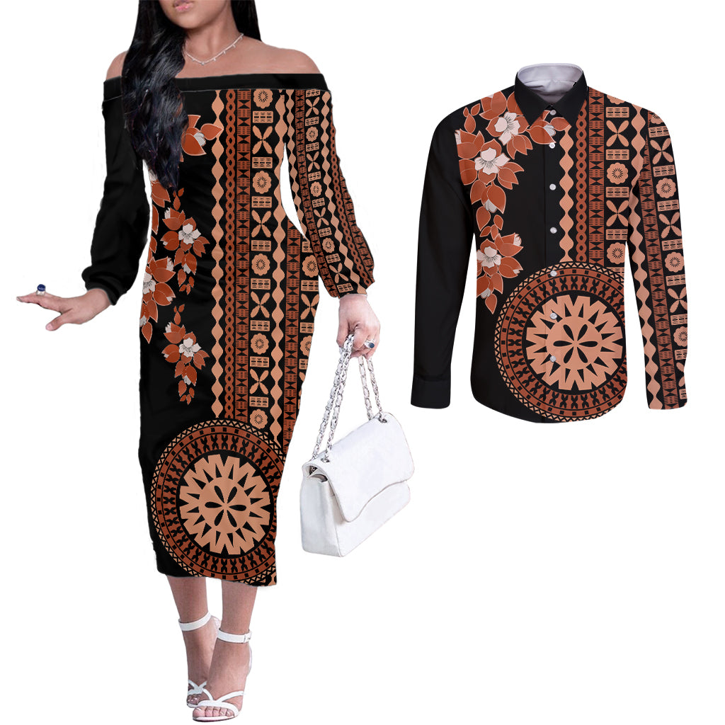 Fiji Tagimoucia Flower With Tapa Tribal Couples Matching Off The Shoulder Long Sleeve Dress and Long Sleeve Button Shirt Brown Color LT9 Brown - Polynesian Pride