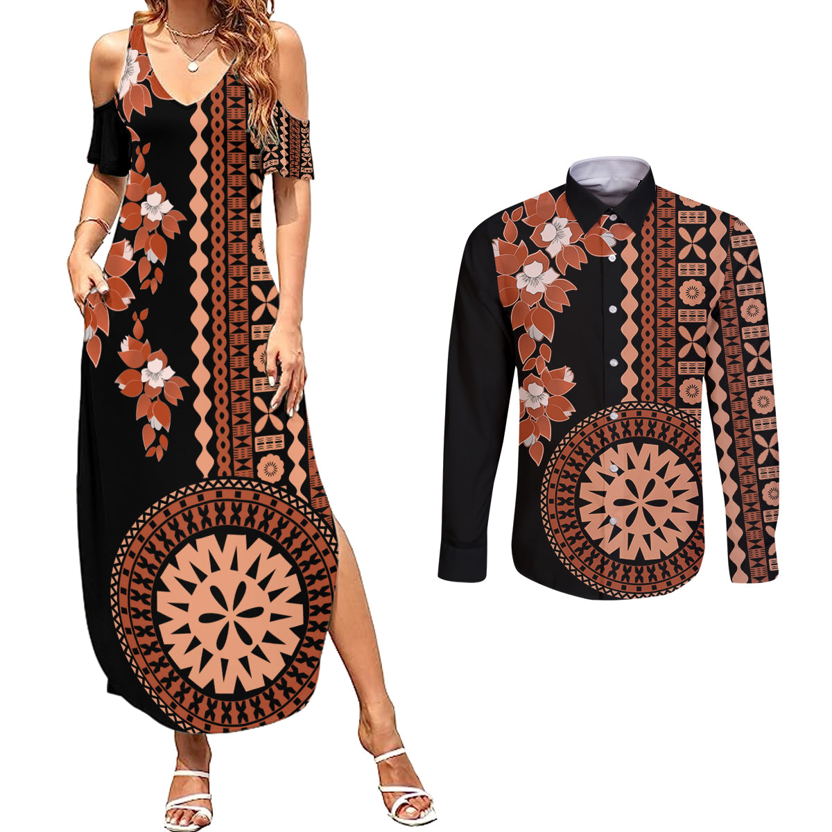 Fiji Tagimoucia Flower With Tapa Tribal Couples Matching Summer Maxi Dress and Long Sleeve Button Shirt Brown Color LT9 Brown - Polynesian Pride