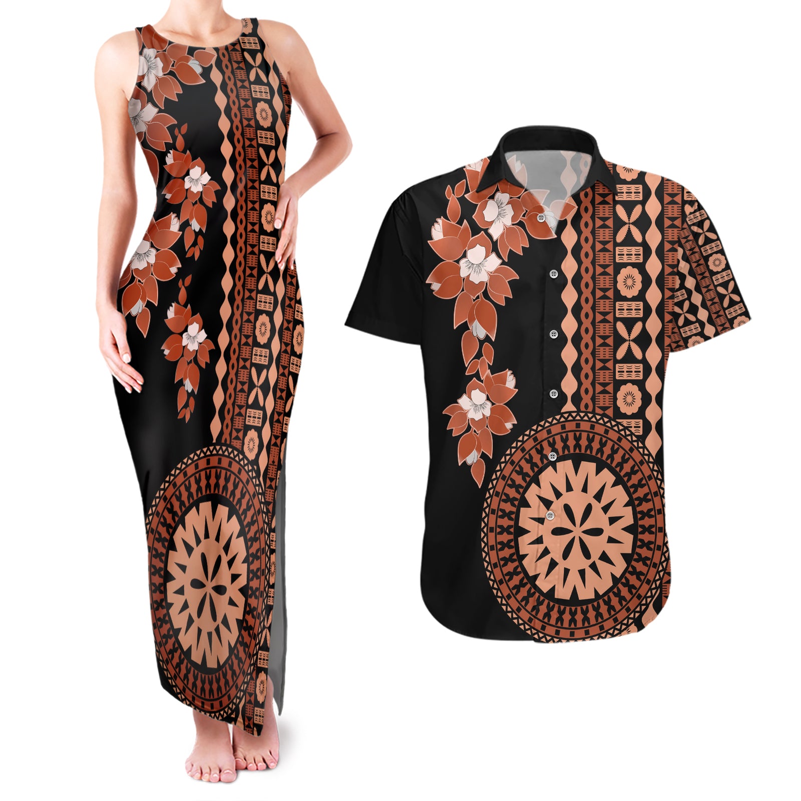 Fiji Tagimoucia Flower With Tapa Tribal Couples Matching Tank Maxi Dress and Hawaiian Shirt Brown Color LT9 Brown - Polynesian Pride