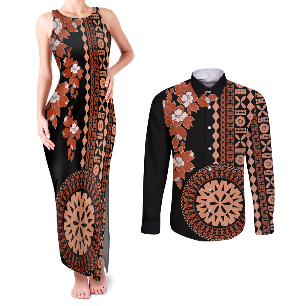Fiji Tagimoucia Flower With Tapa Tribal Couples Matching Tank Maxi Dress and Long Sleeve Button Shirt Brown Color LT9 Brown - Polynesian Pride