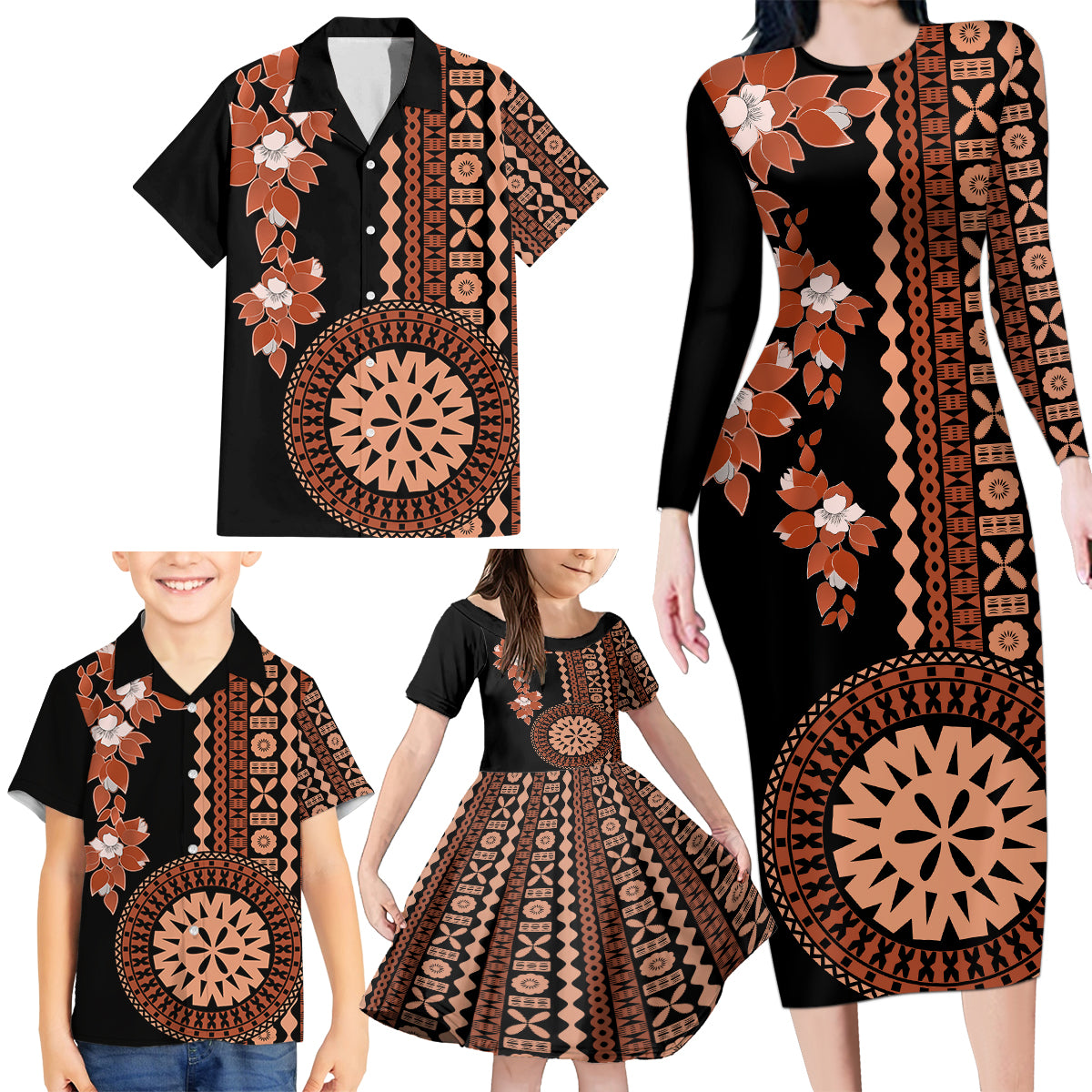 Fiji Tagimoucia Flower With Tapa Tribal Family Matching Long Sleeve Bodycon Dress and Hawaiian Shirt Brown Color LT9 - Polynesian Pride