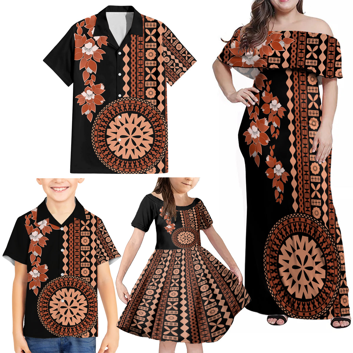 Fiji Tagimoucia Flower With Tapa Tribal Family Matching Off Shoulder Maxi Dress and Hawaiian Shirt Brown Color LT9 - Polynesian Pride