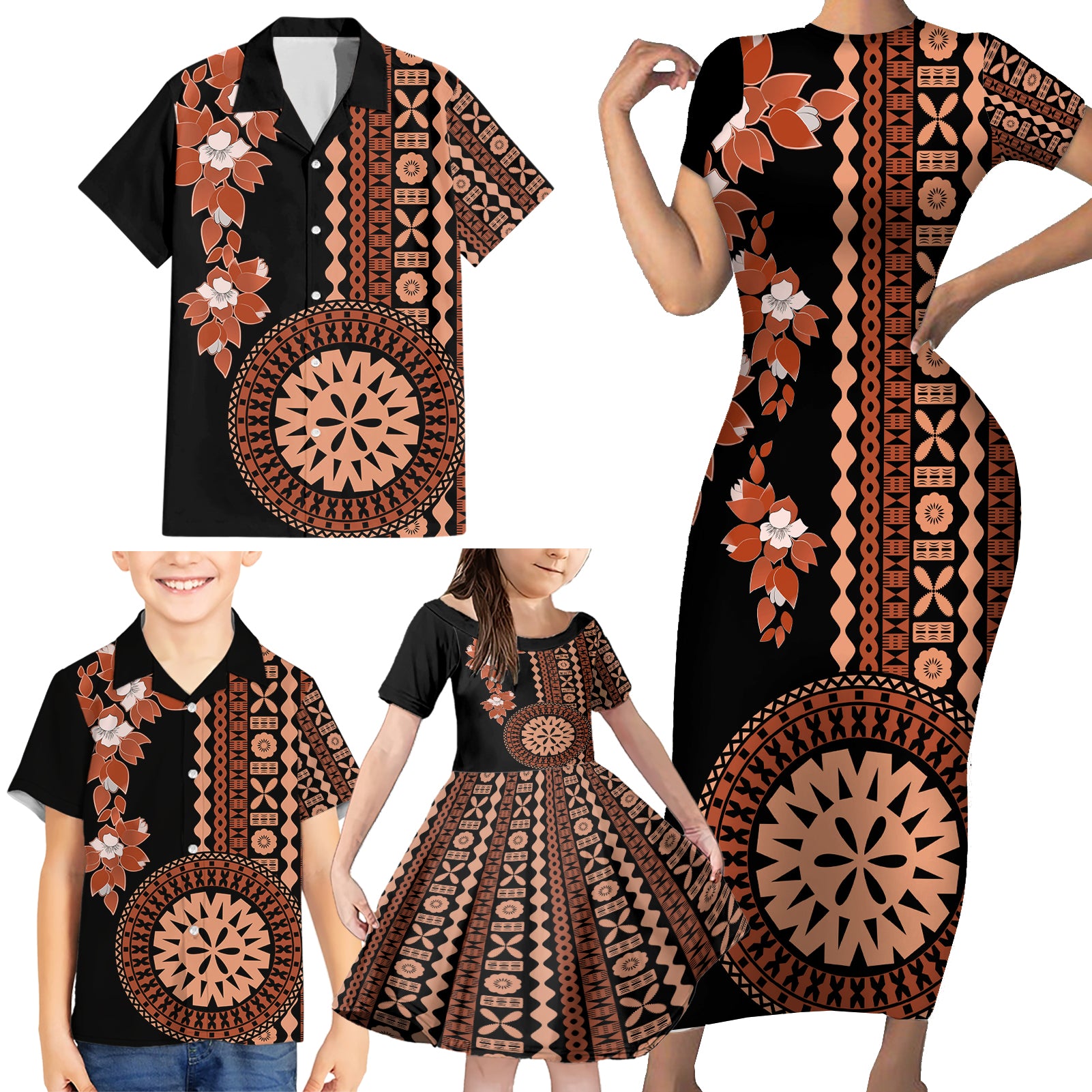 Fiji Tagimoucia Flower With Tapa Tribal Family Matching Short Sleeve Bodycon Dress and Hawaiian Shirt Brown Color LT9 - Polynesian Pride