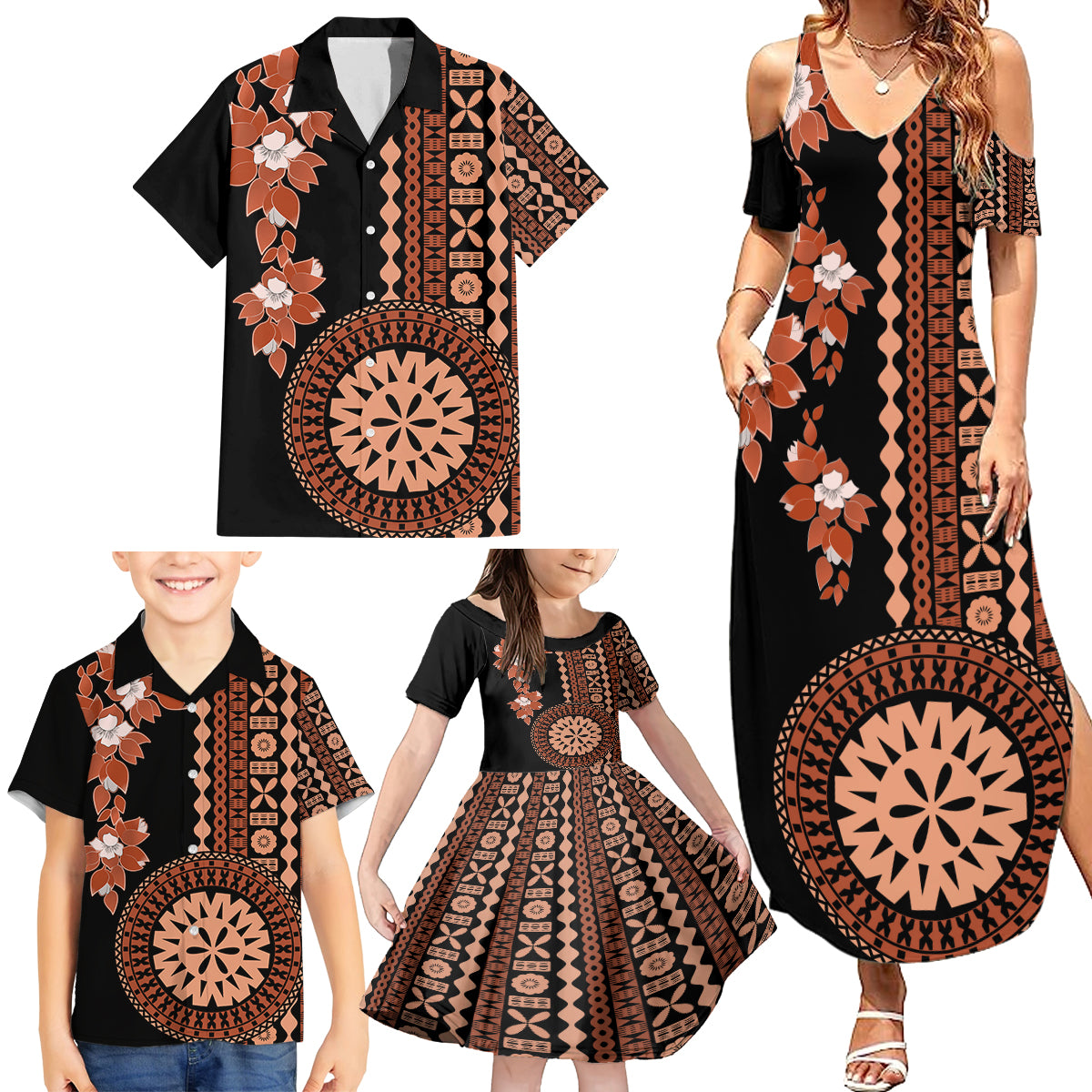 Fiji Tagimoucia Flower With Tapa Tribal Family Matching Summer Maxi Dress and Hawaiian Shirt Brown Color LT9 - Polynesian Pride