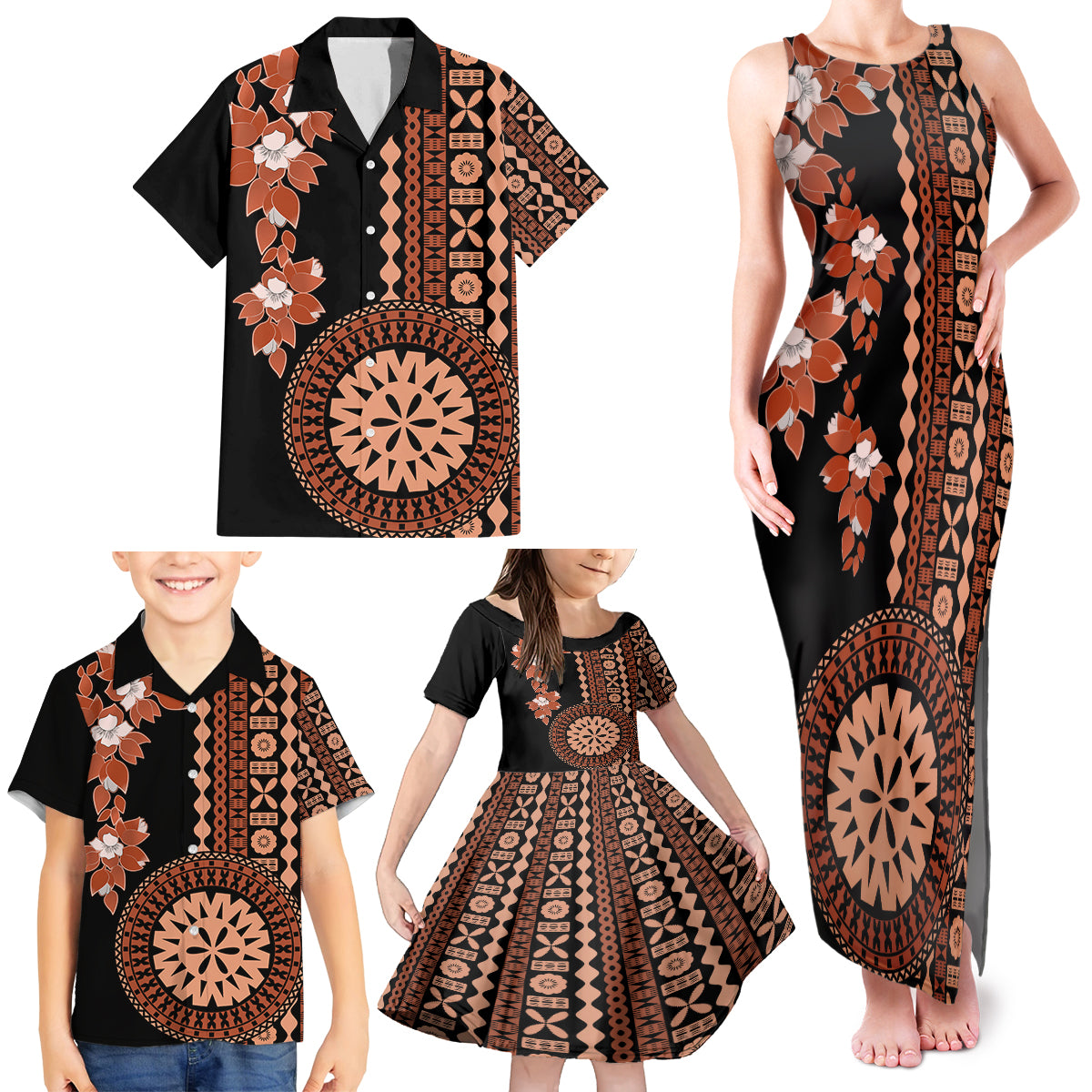 Fiji Tagimoucia Flower With Tapa Tribal Family Matching Tank Maxi Dress and Hawaiian Shirt Brown Color LT9 - Polynesian Pride