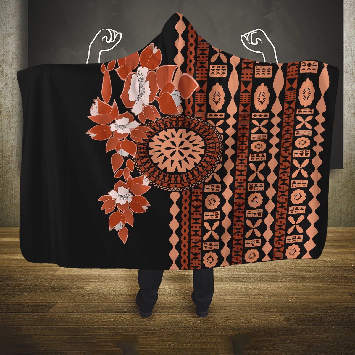 Fiji Tagimoucia Flower With Tapa Tribal Hooded Blanket Brown Color LT9 One Size Brown - Polynesian Pride